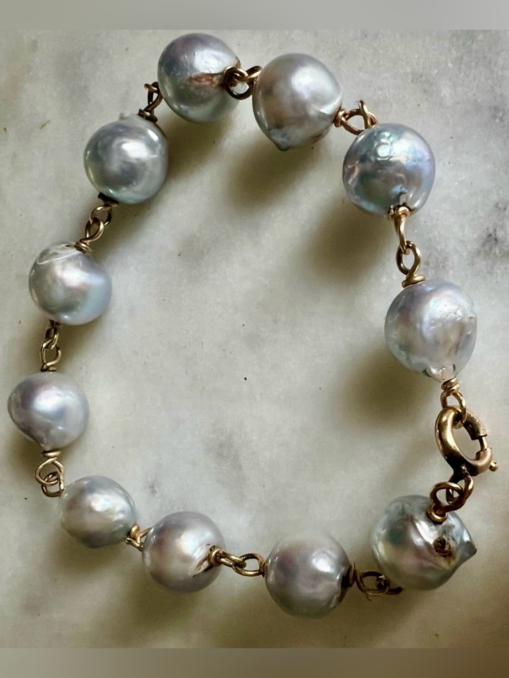 Vintage 12K Gold Filled Gray Baroque Freshwater Cultured Pearl Bracelet 6.25”